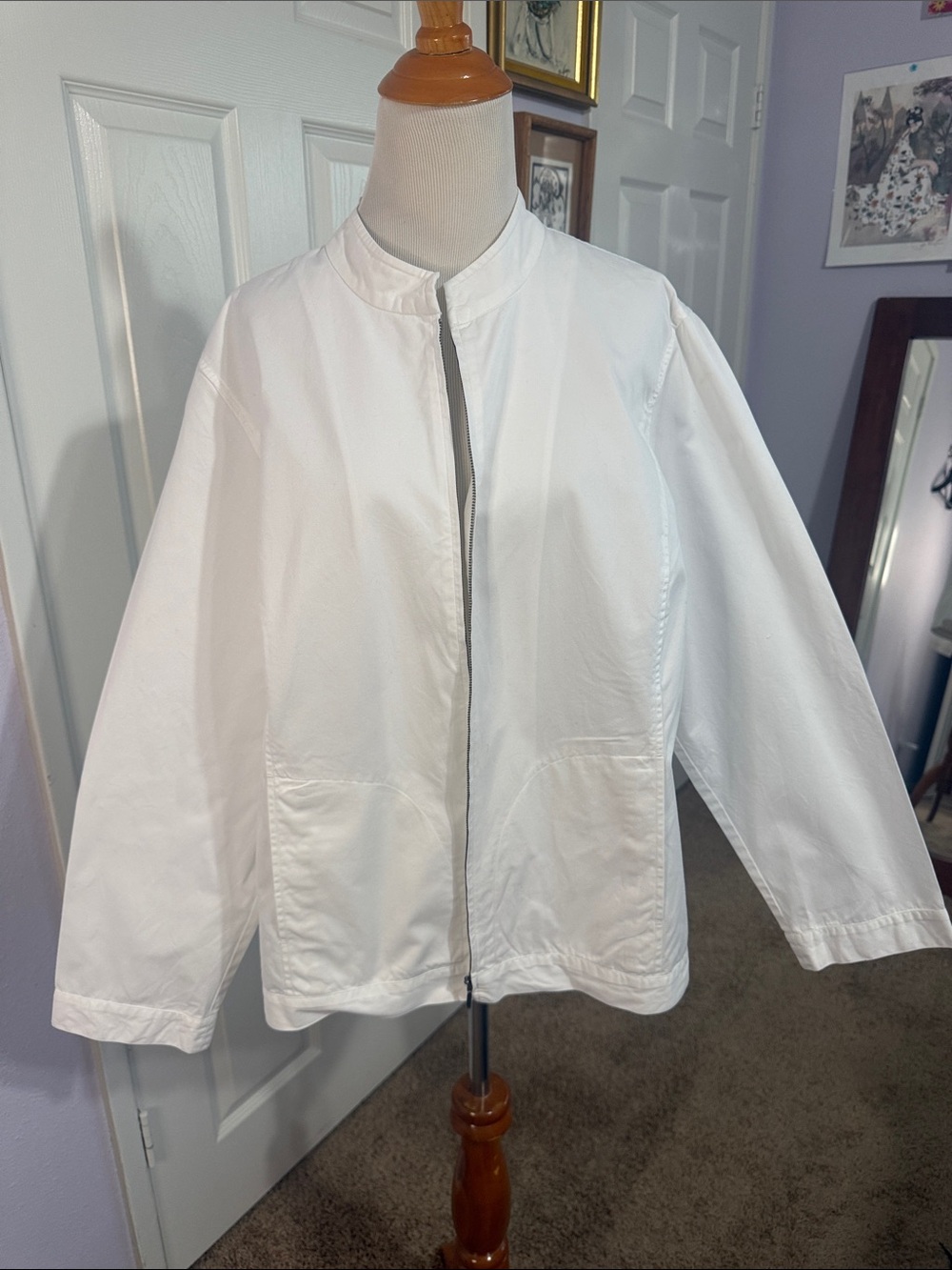 Eileen Fisher Women White Zip-Front Lightweight Bomber Jacket 100% Cotton Size L